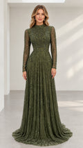 Front view of model wearing olive green high neck beaded long sleeve evening gown