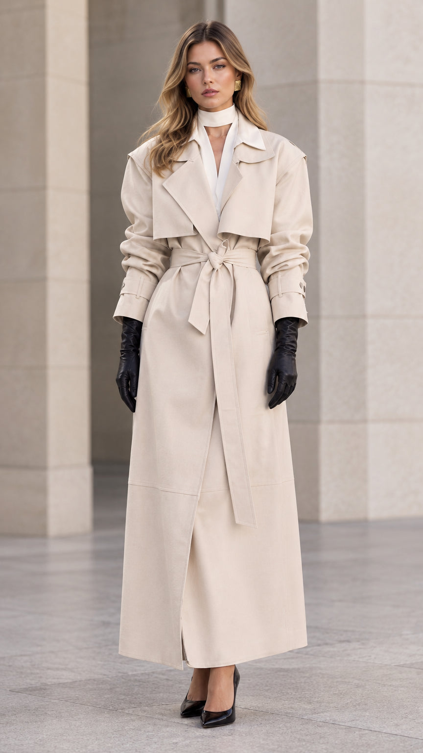 Front full-length view of woman wearing elegant cream maxi belted trench coat