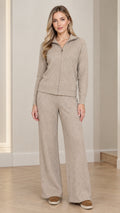 Front full view of woman wearing Oatmeal Beige ribbed knit zip jacket and wide-leg pants set
