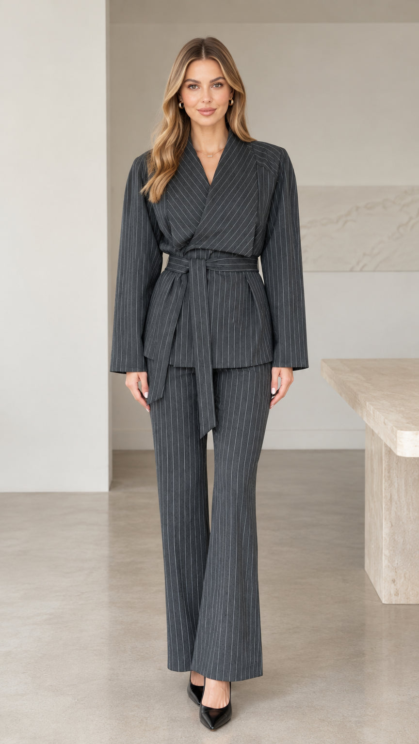 Front full view of woman wearing charcoal grey pinstripe wrap blazer and flare trousers set