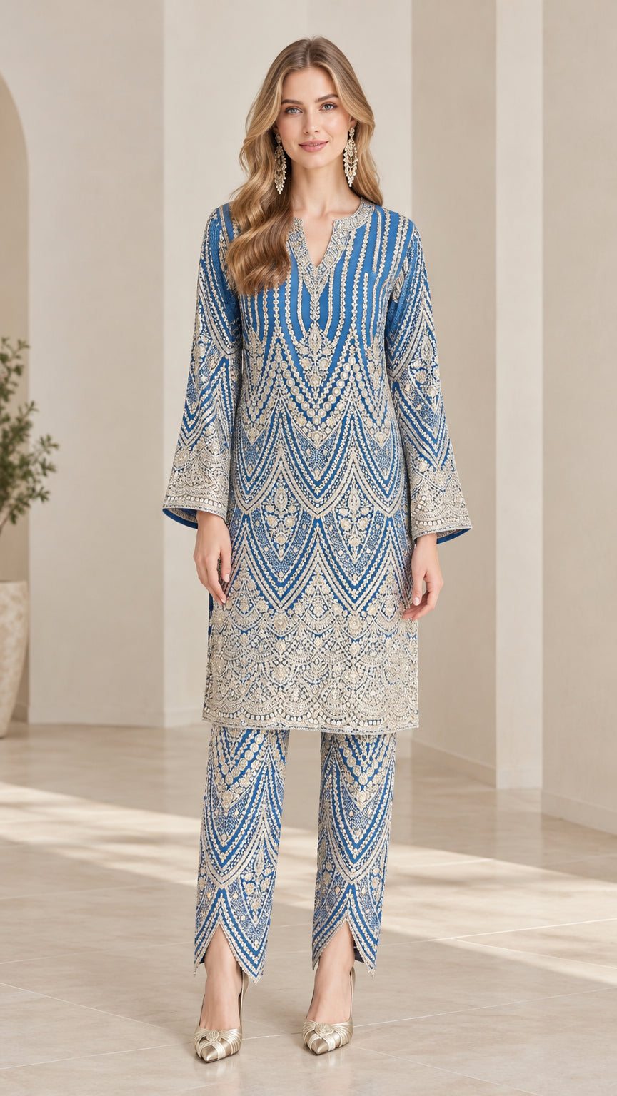 Full front view of model wearing royal blue embroidered tunic top and matching tulip hem pants
