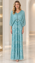 Aqua sequin embellished dolman sleeve maxi evening gown front view