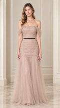 Front full-length view of champagne off-the-shoulder beaded tulle evening gown with black waist ribbon