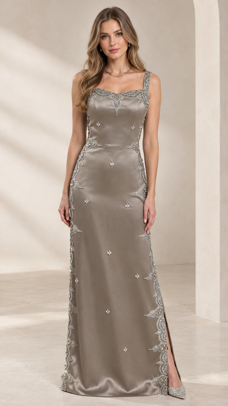 Front view of model wearing taupe square neck embellished satin maxi evening gown