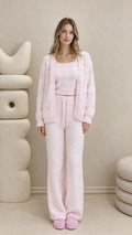 Full front view of women's pink 3-piece fuzzy knit lounge set with cardigan, cami, and pants