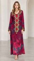 Front view of model wearing Burgundy embellished tie-dye kaftan maxi dress