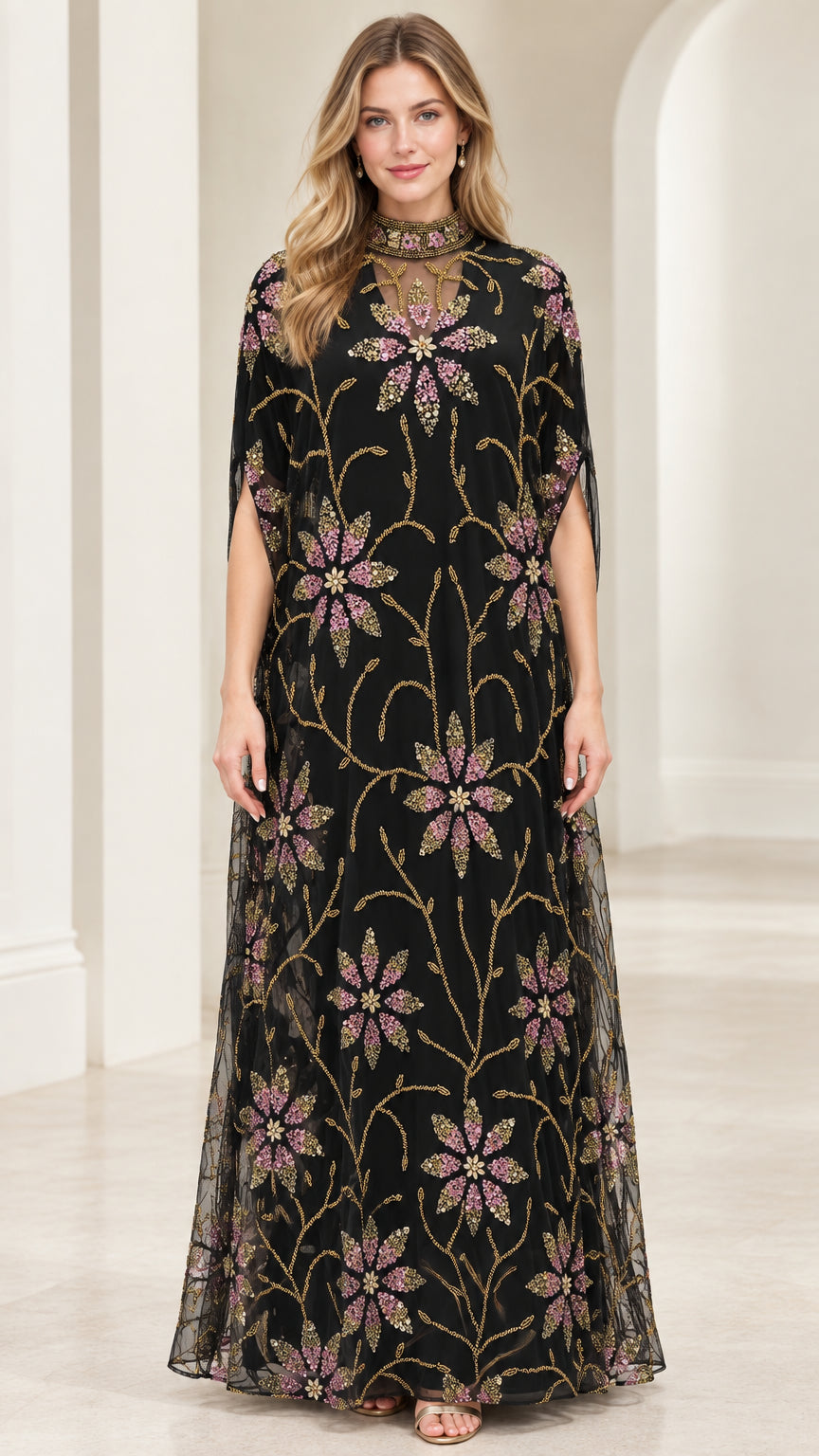 Front full view of black floral beaded cape sleeve maxi evening dress