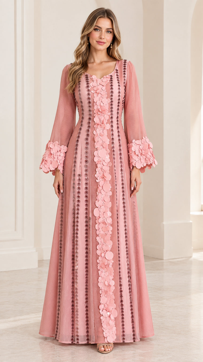 Front full-length view of dusty pink floral applique long sleeve evening maxi dress