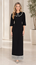 Model wearing Black embellished Peter Pan collar maxi evening dress with fringe hem