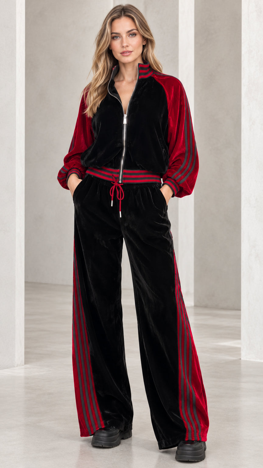 Full front view of model wearing black velvet tracksuit set with red contrast stripes