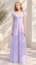 Front view of lavender floral lace tiered puff sleeve maxi dress