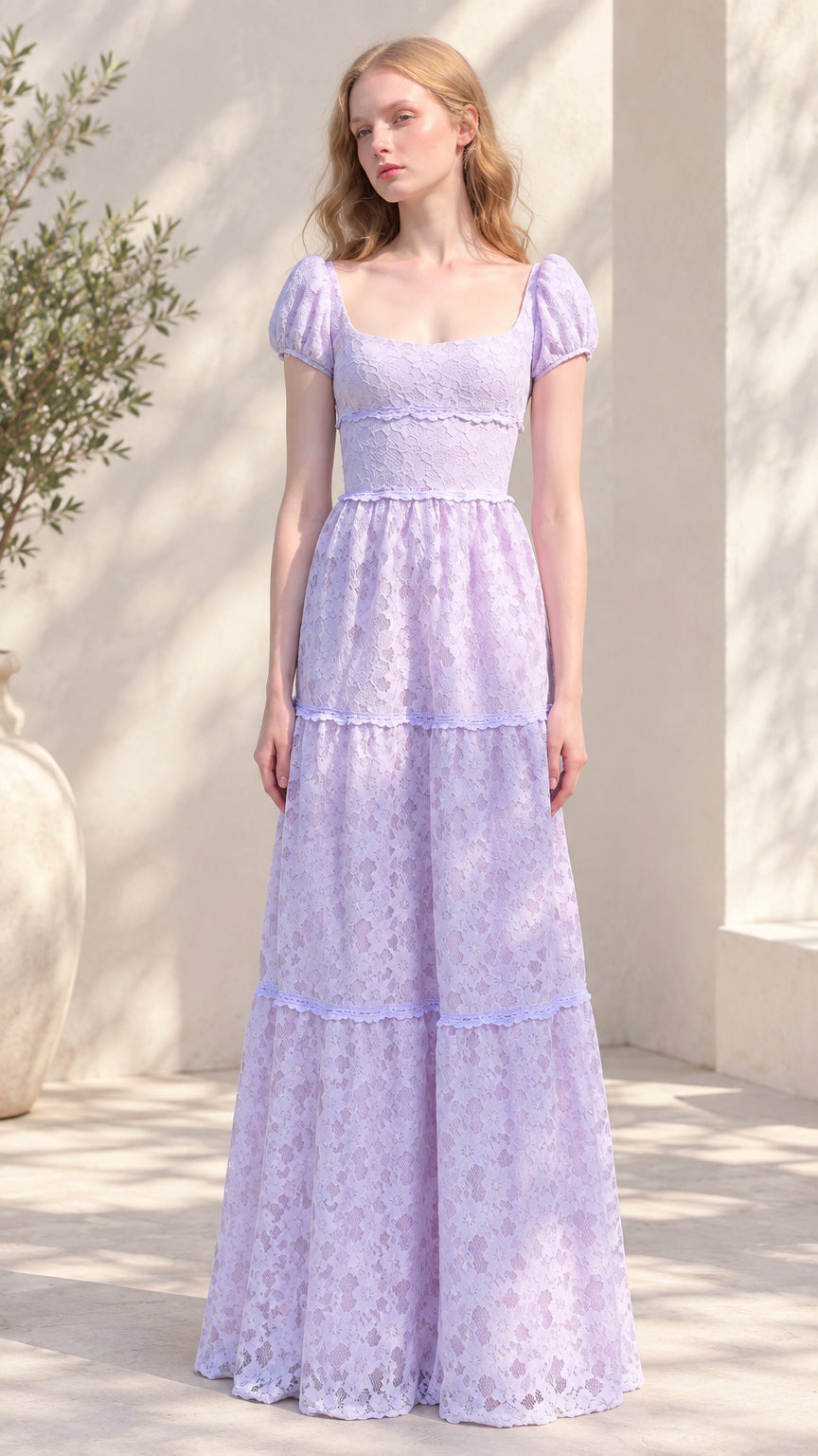 Front view of lavender floral lace tiered puff sleeve maxi dress