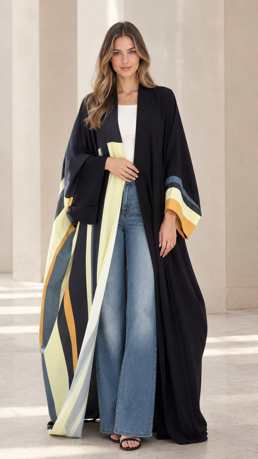 Front full view of woman wearing black colorblock open front maxi kimono abaya with wide jeans