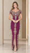 Plum beaded sweetheart column evening gown with cap sleeve fringe and front slit front view