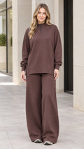 Women's brown quarter-zip sweatshirt and wide-leg pants two-piece set front view
