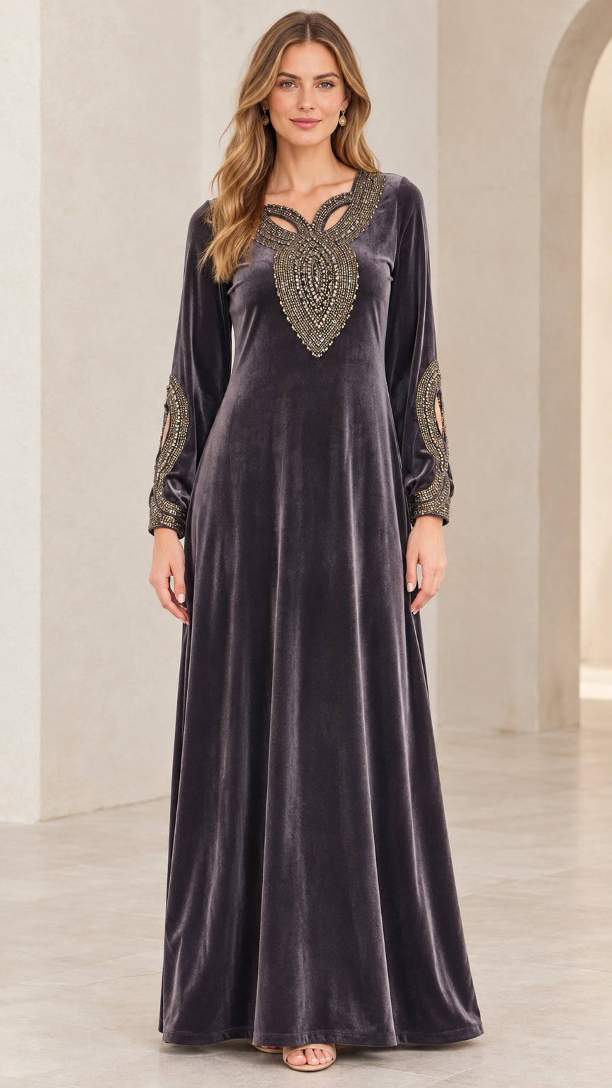 Model wearing Charcoal Grey embellished velvet maxi dress front view