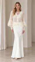 Front full-length view of woman wearing Ivory lace inset open-knit cardigan and matching maxi skirt set