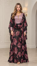 Front view of woman wearing Black floral embellished kaftan maxi dress with draped cape overlay