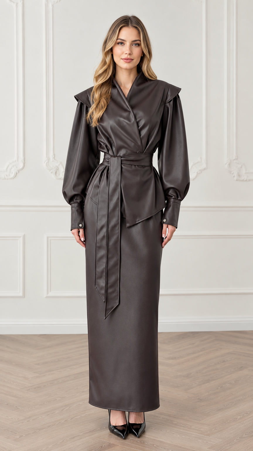 Model wearing dark brown faux leather wrap top and maxi skirt set front view