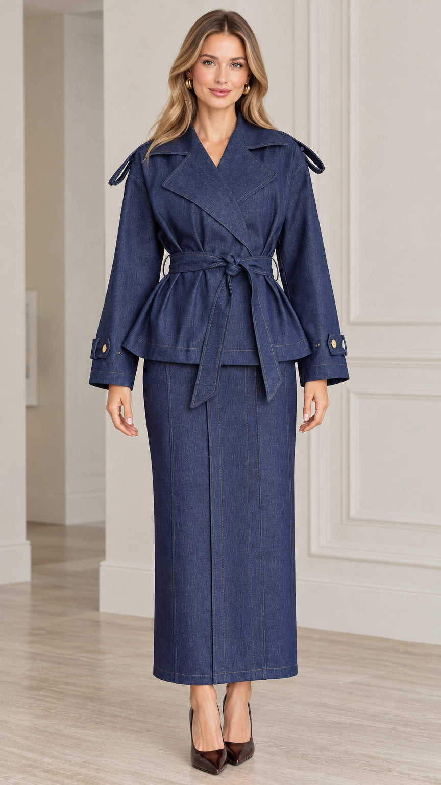 Front view of model wearing Denim Blue belted trench jacket and maxi skirt set