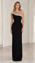Front view of black strapless column evening gown with rhinestone trim