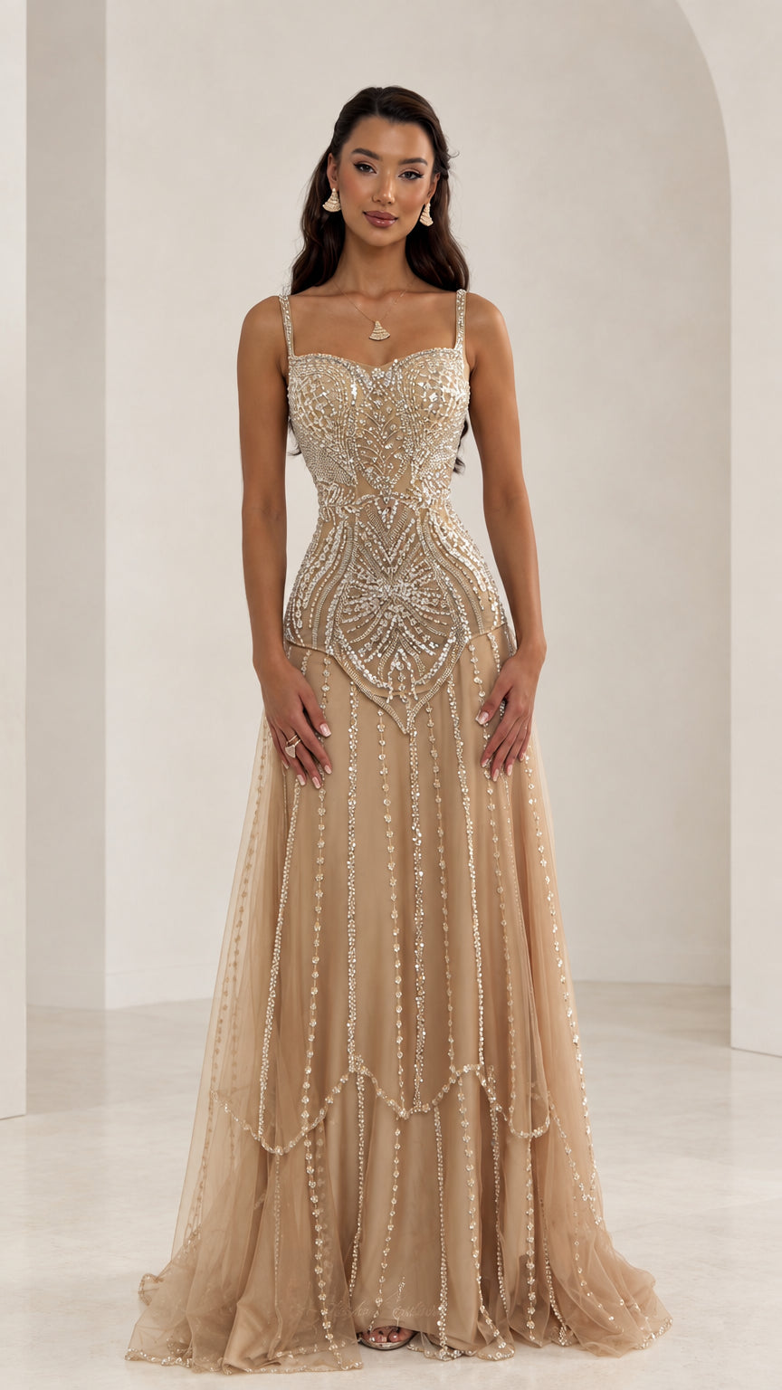 Front view of woman wearing Champagne beaded tulle sweetheart maxi evening gown