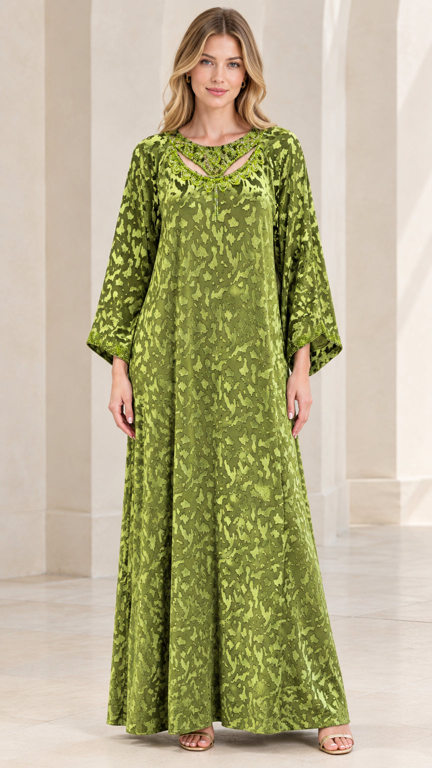 Full front view of Olive Green textured velvet kaftan maxi dress with beaded cutout neckline