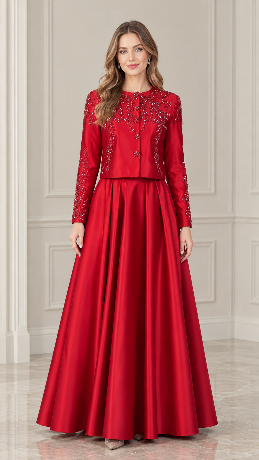 Front view of model wearing red beaded long sleeve jacket and matching maxi evening skirt