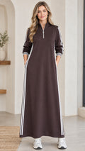 Full front view of women's chocolate brown half-zip striped maxi dress