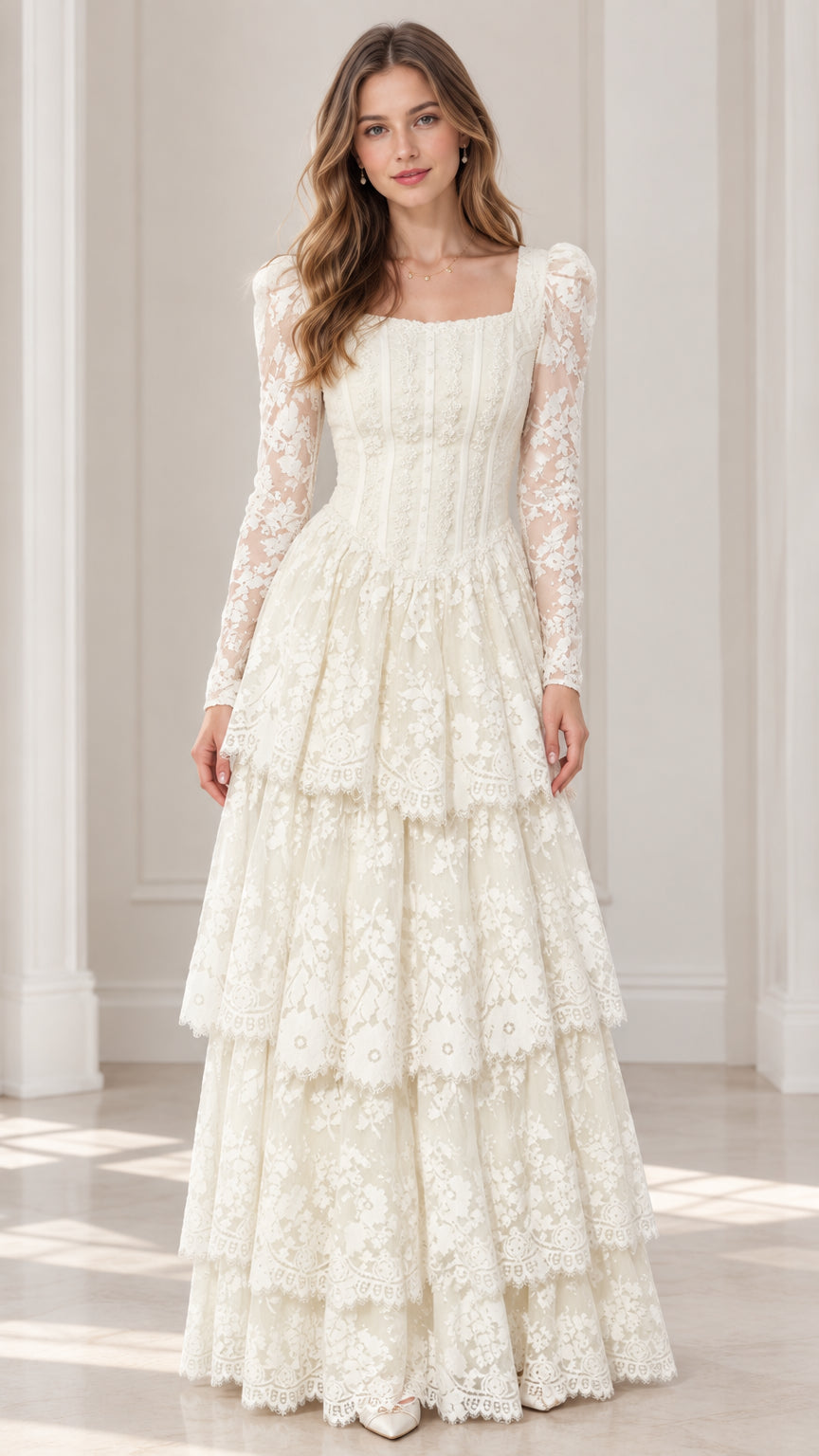 Front view of model wearing ivory long sleeve tiered lace maxi dress