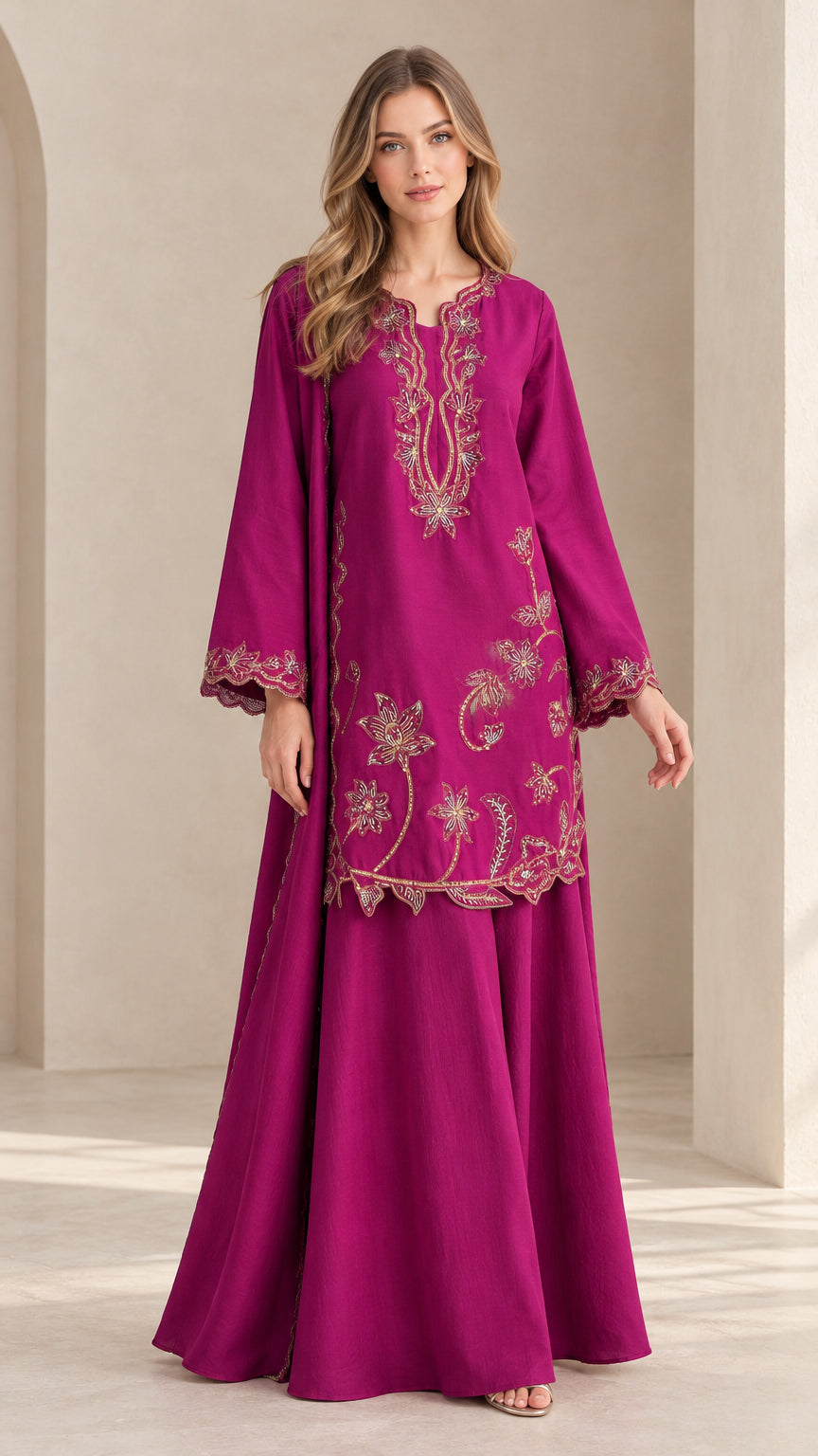 Full front view of model wearing magenta embroidered longline tunic and matching maxi skirt set