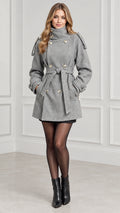 Full front view of model wearing grey double-breasted belted coat with high stand neck