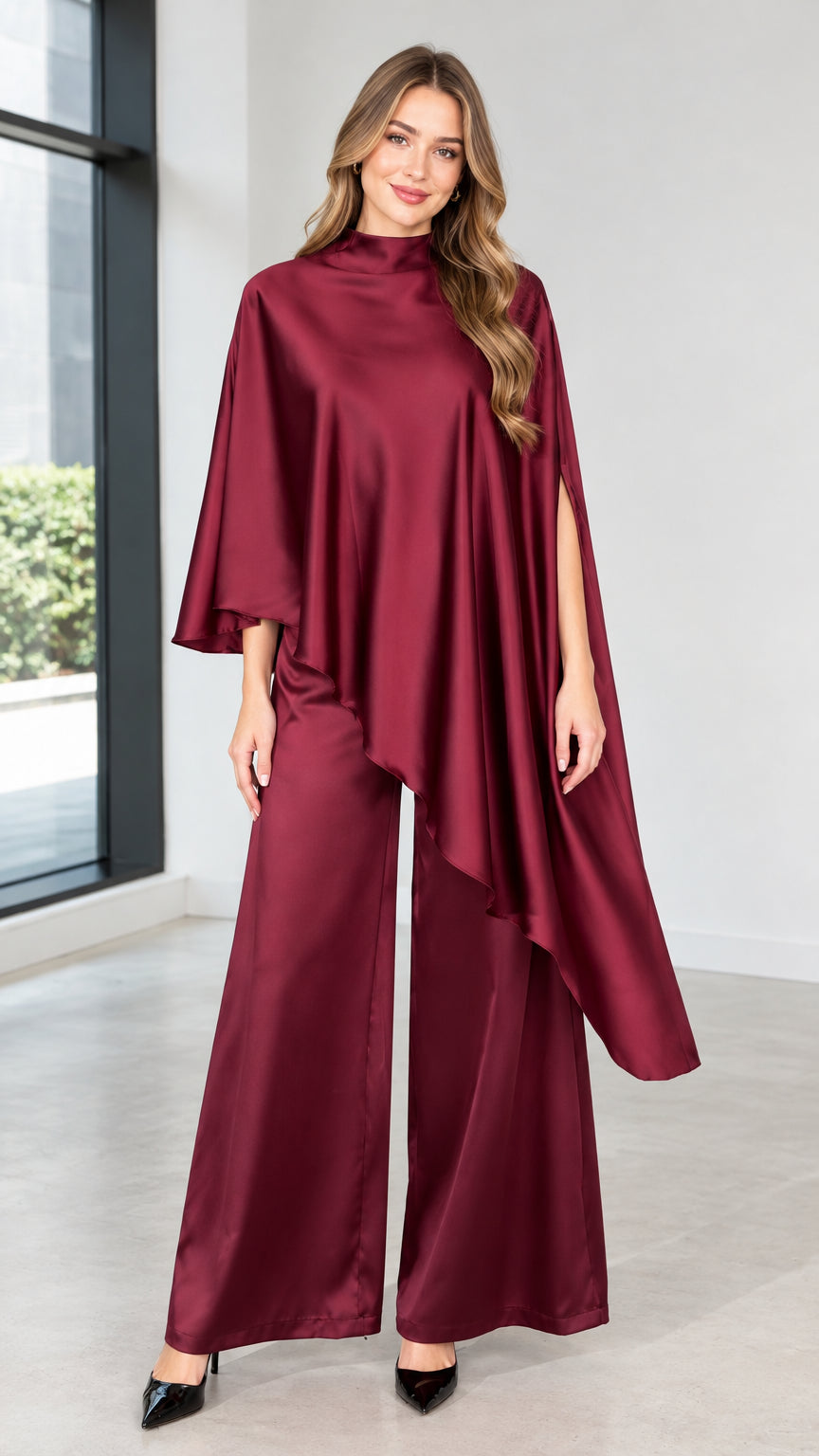 Front view of model wearing burgundy satin asymmetrical cape top and wide-leg pant set