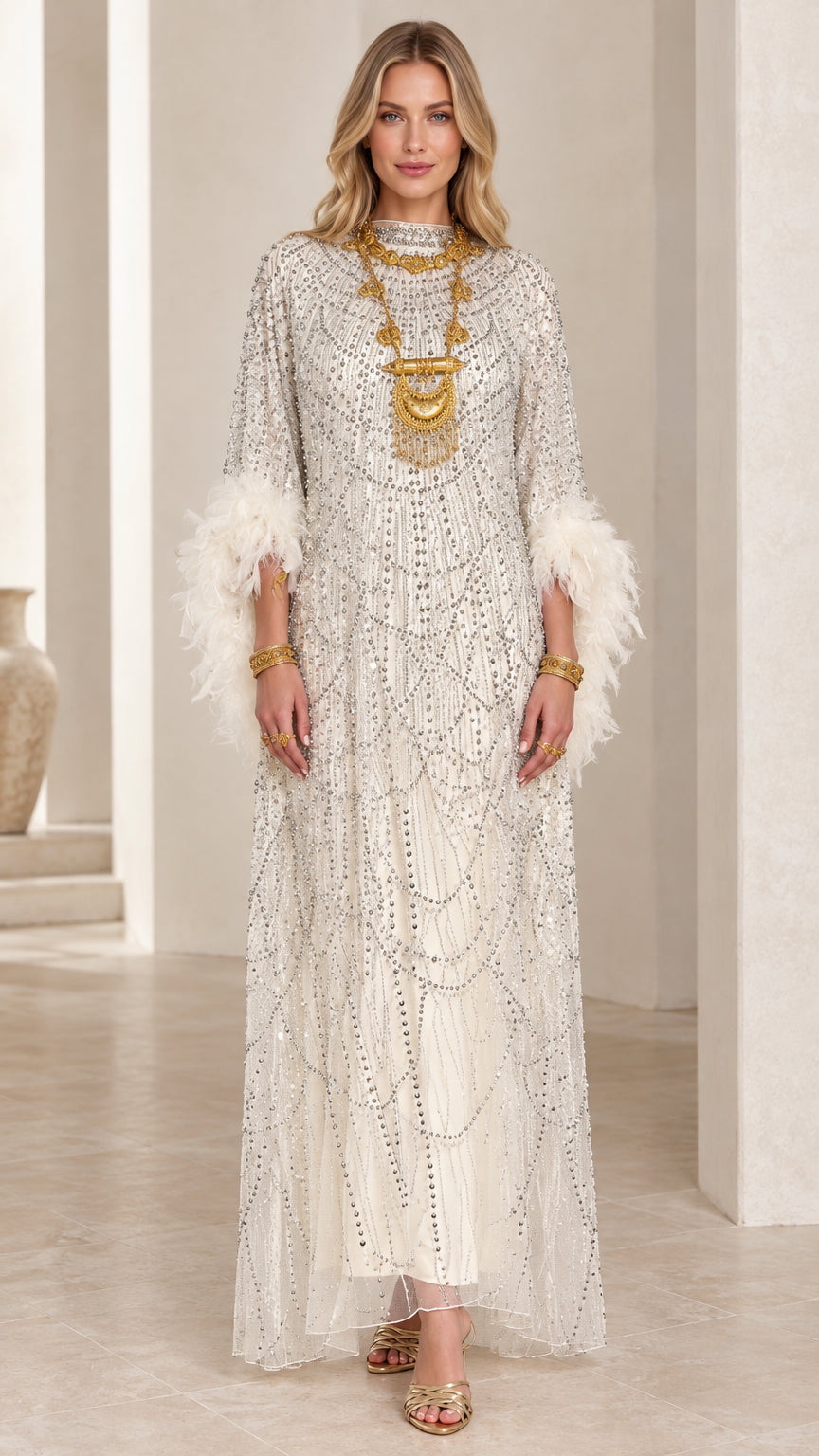 Front full-length view of white beaded maxi dress with feather cuffs
