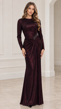 Front view of model wearing Burgundy long sleeve metallic shimmer maxi evening gown with ruched waist