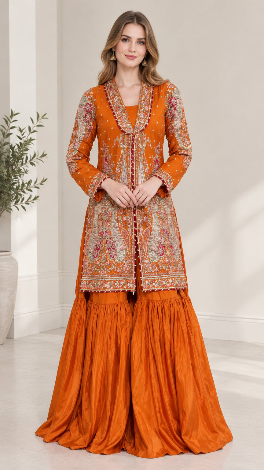 Front view of woman wearing Rust Orange embroidered jacket and flared sharara pants set