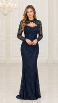 Navy Blue high neck sequin lace long sleeve evening gown front view