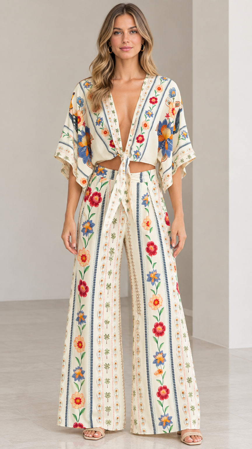 Front view of model wearing cream floral tie-front crop top and wide-leg pants set
