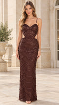Front view of model wearing chocolate brown beaded scallop cutout evening gown
