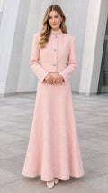 Front full-length view of model wearing Blush Pink embellished tweed cropped jacket and matching A-line maxi skirt set