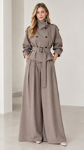 Full front view of women's taupe belted trench jacket and wide-leg trousers set