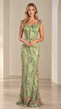 Sage green floral embroidered evening gown with corset bodice and beaded shoulder fringe