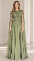 Sage green pleated formal evening gown with beaded cape sleeves front view