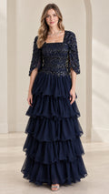 Full front view of navy blue sequin beaded tiered ruffle formal evening gown