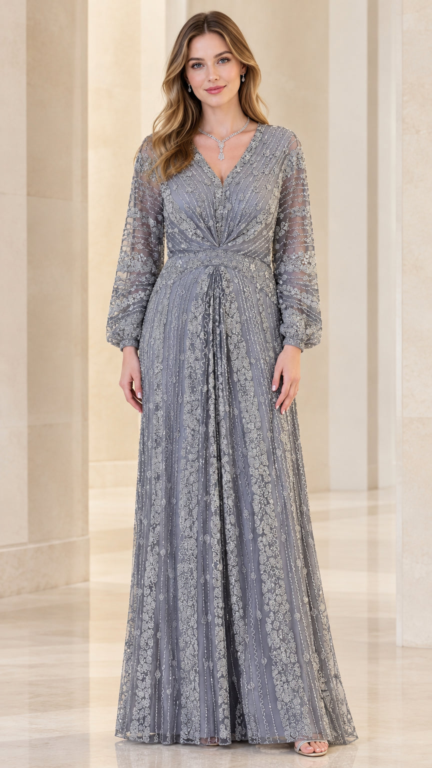 Full front view of Slate Grey embellished long sleeve V-neck evening gown