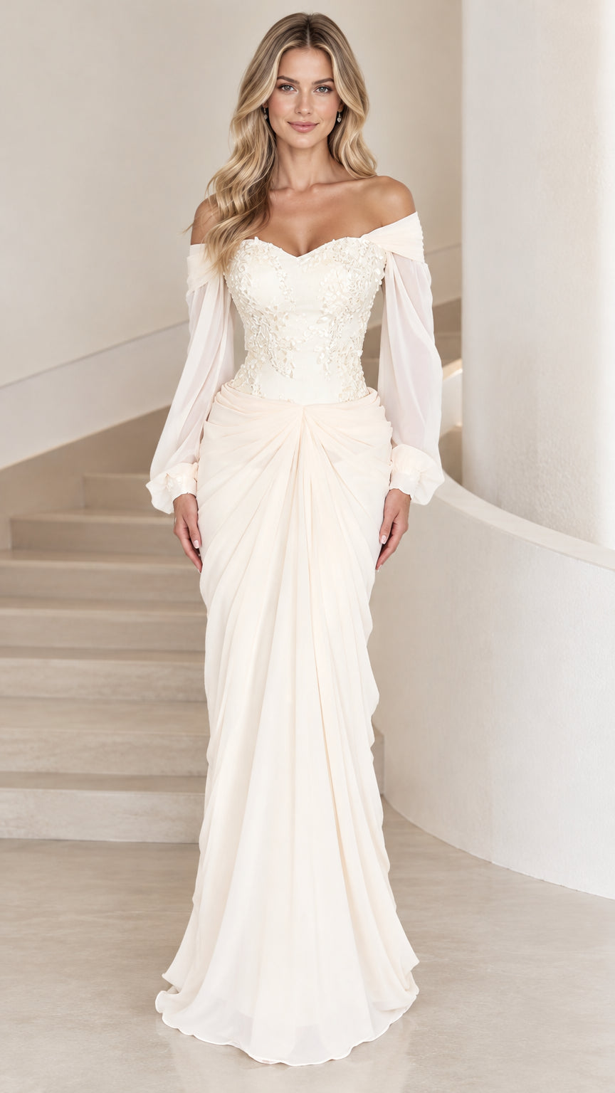 Front view of model wearing ivory off-the-shoulder lace evening gown with long sheer sleeves