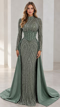 Front view of Sage Green high neck sequin evening gown with corset waist and train