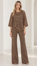 Full front view of women's mocha brown sequin poncho top and matching wide leg pants set