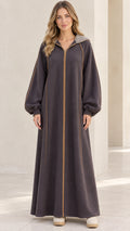Front view of model wearing charcoal grey hooded full-zip fleece maxi robe with contrast piping