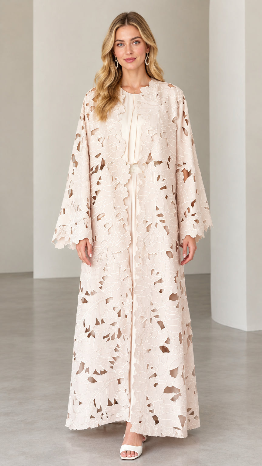 Full front view of blush pink floral cutout lace abaya two-piece set